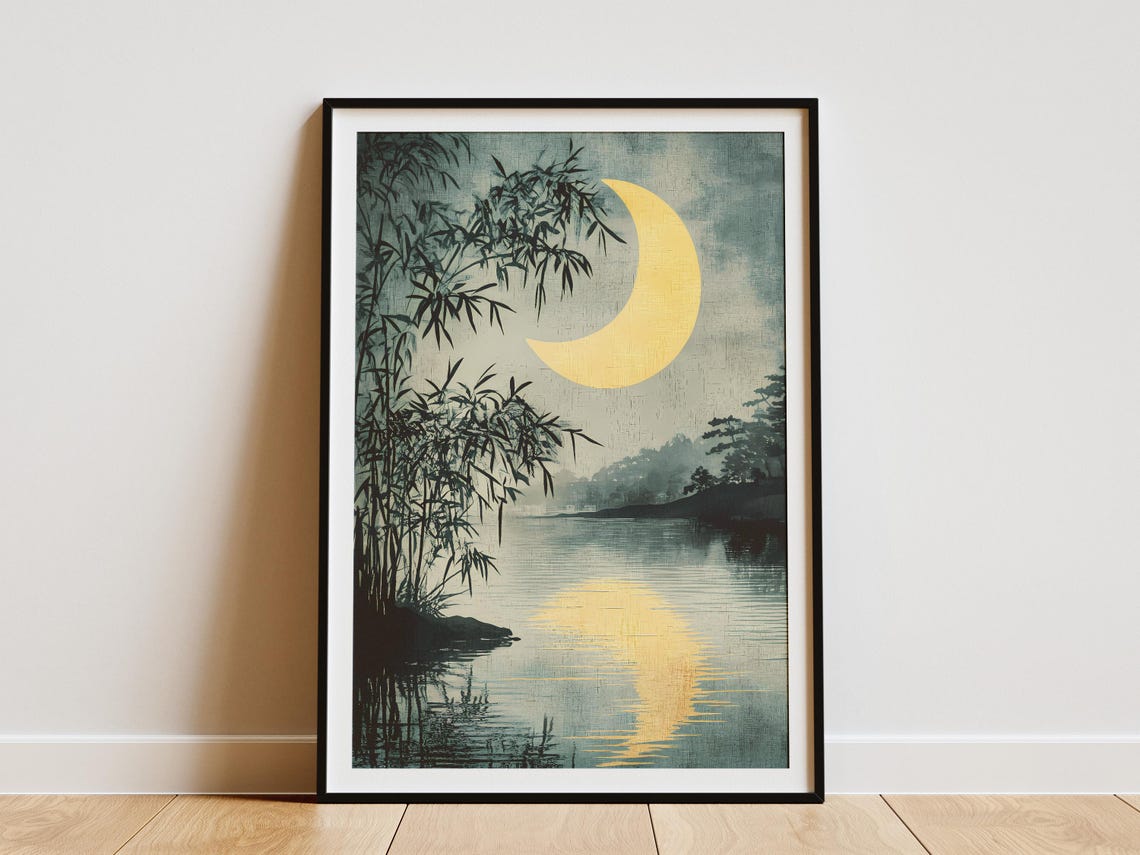 Crescent Moon Reflection Still Lake Bamboo Silhouette Poster