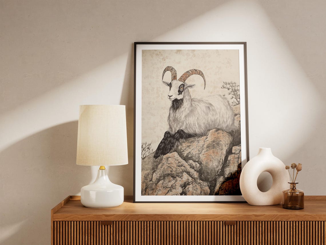 Mountain Goat on Rocky Cliff Traditional Chinese Ink Wash Art Poster - Image 5