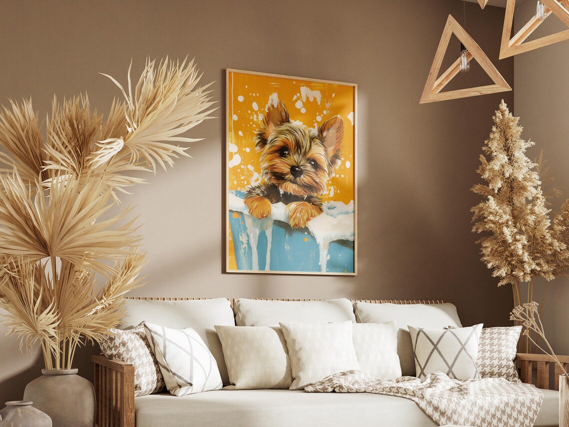 Scruffy Yorkie Puppy Peeking Over Blue Tub Yellow Splash Art Poster - Image 3