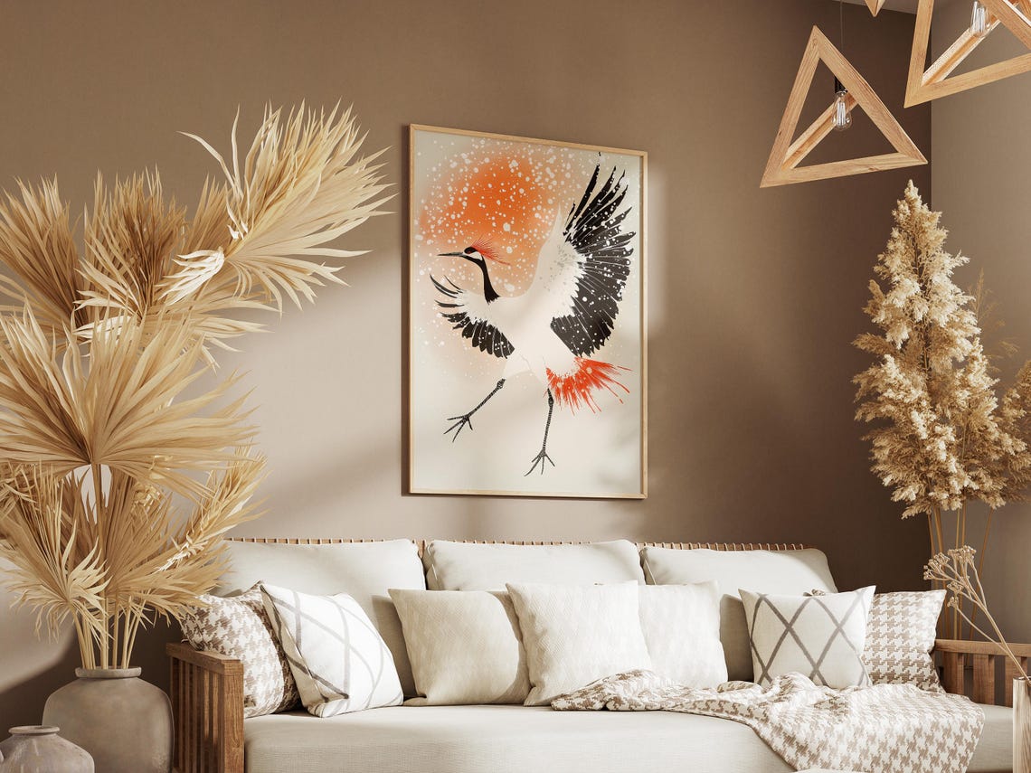 Red-Crowned Crane Dancing in Falling Snow Japanese Bird Art Poster - Image 3