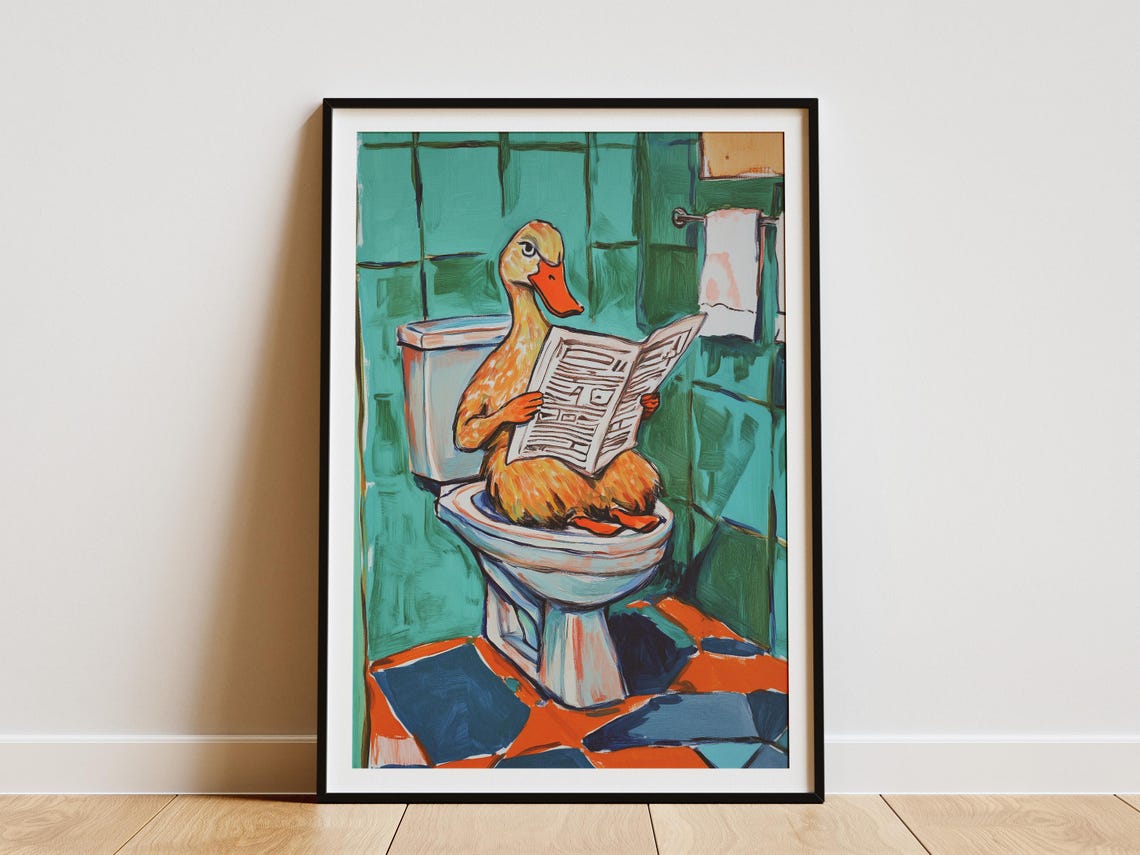 Duck on Toilet Reading Newspaper Teal Bathroom Funny Animal Poster