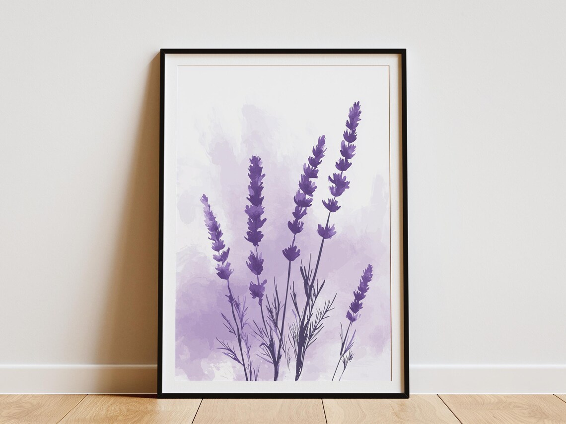 Purple Lavender Stems Watercolor Minimalist Botanical Flower Poster
