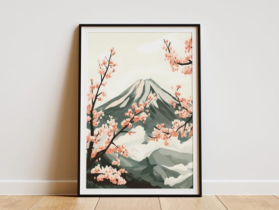 Japanese Cherry Blossom Tree Poster Mount Fuji Art Print Asian Landscape Wall Decor Pink Flowers And Mountain Scene Modern Minimalist Home