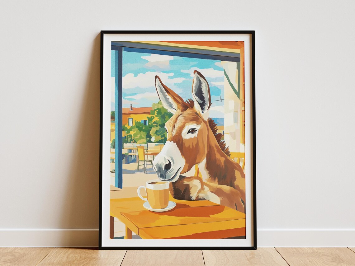 Gentle Donkey Sipping Coffee at a Sunny Street Cafe Terrace Poster
