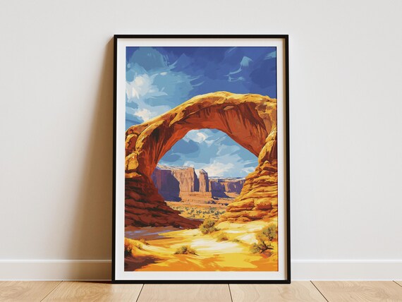Sandstone Arch Spanning A Desert Canyon Under Blue Sky Poster