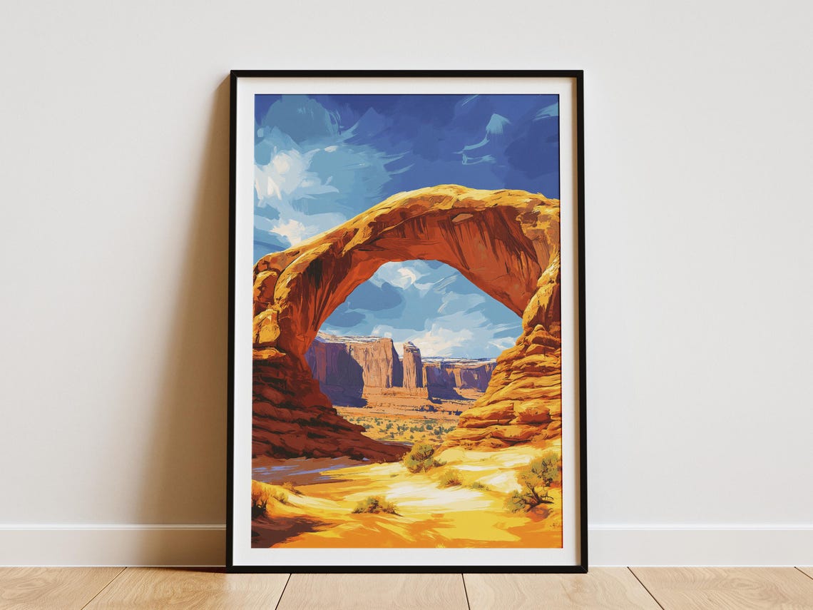 Sandstone Arch Spanning A Desert Canyon Under Blue Sky Poster