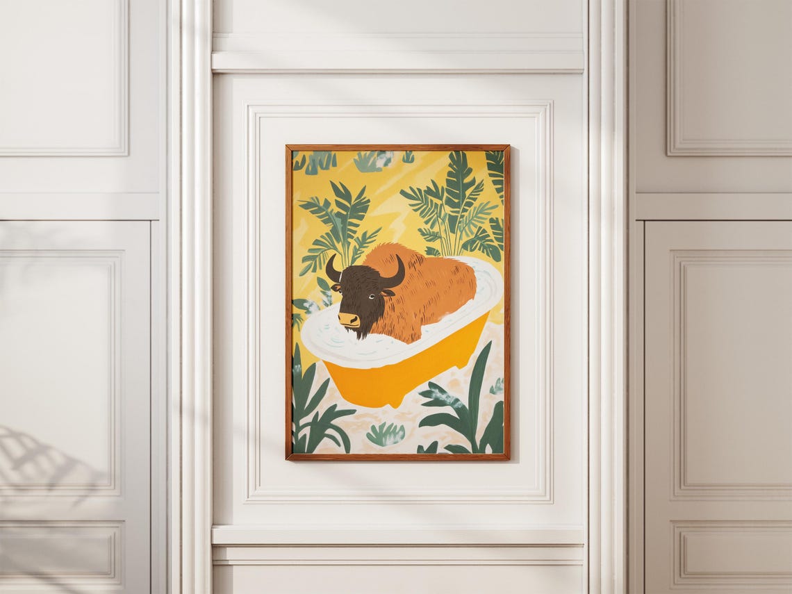 Bison Relaxing in a Bright Yellow Bathtub Among Palm Leaves Poster - Image 2