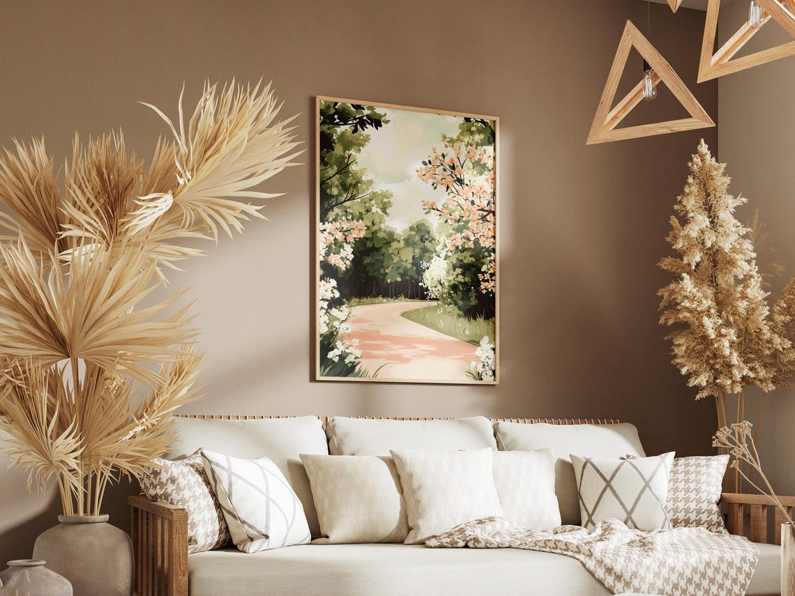 White Flowering Shrubs Lining A Winding Garden Path In Spring Poster - Image 3