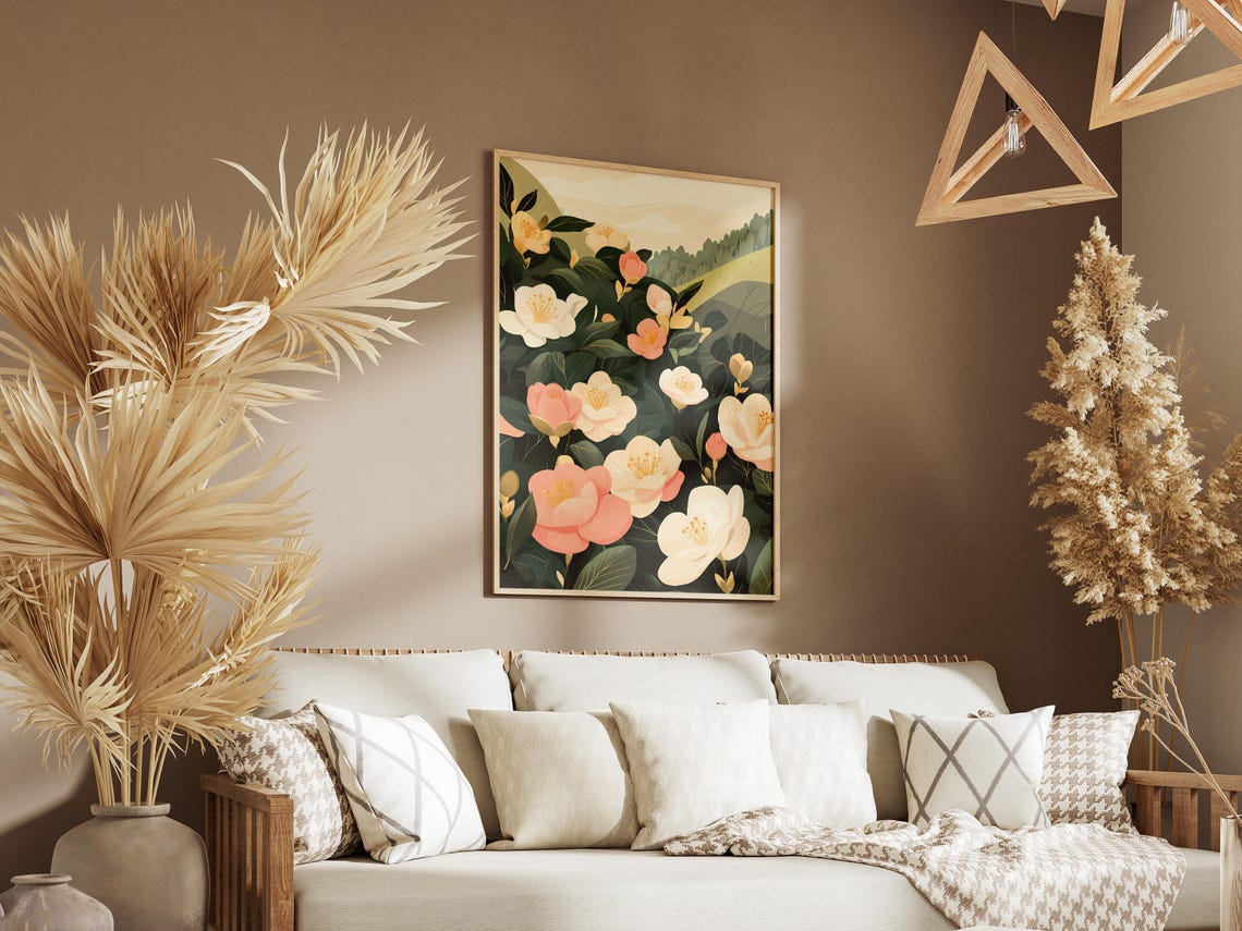 Pink White Camellia Blooms on a Sunny Hillside Garden Art Poster - Image 3