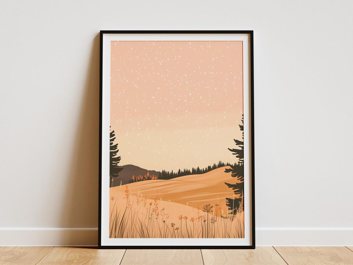 Golden Meadow Peach Starry Sky Wildflower Field Dusk Light Poster