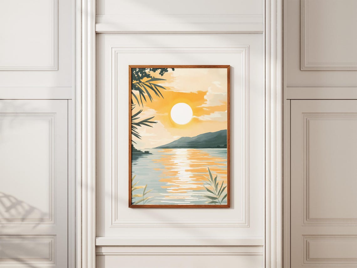 Sunset Lake Golden Sun Reflection Palm Leaves Hills Minimal Art Poster - Image 2