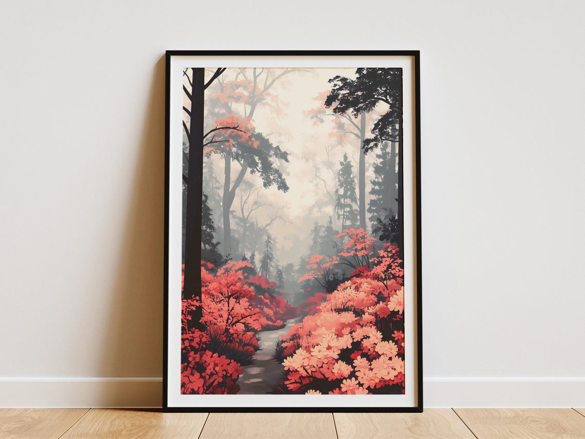 Red Azalea Bushes on a Misty Forest Trail Poster With Autumn Trees
