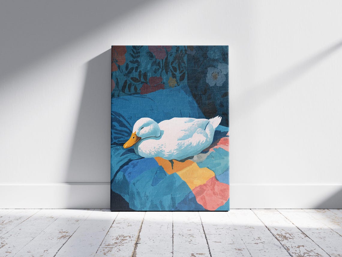 White Duck Sleeping on Blue Bed Floral Headboard Cozy Art Poster - Image 2