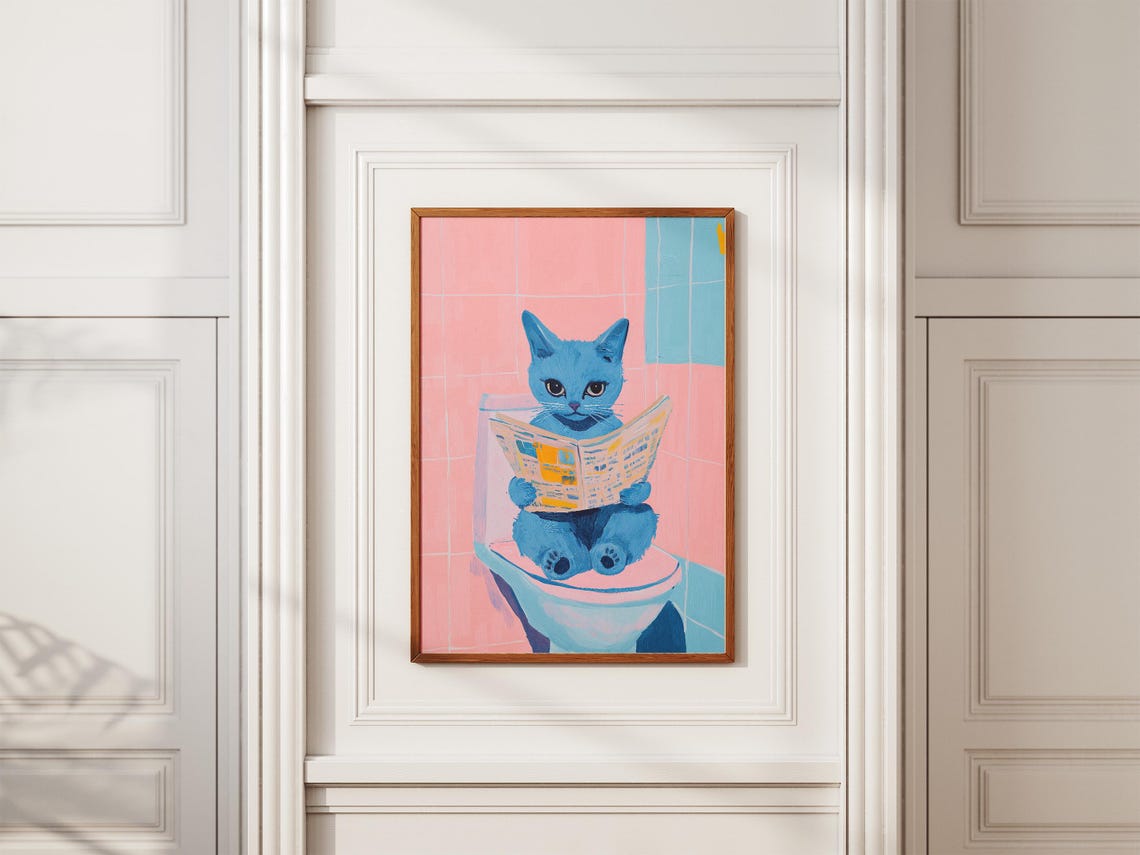 Blue Gray Cat on Toilet Reading Newspaper Funny Bathroom Cat Poster - Image 2