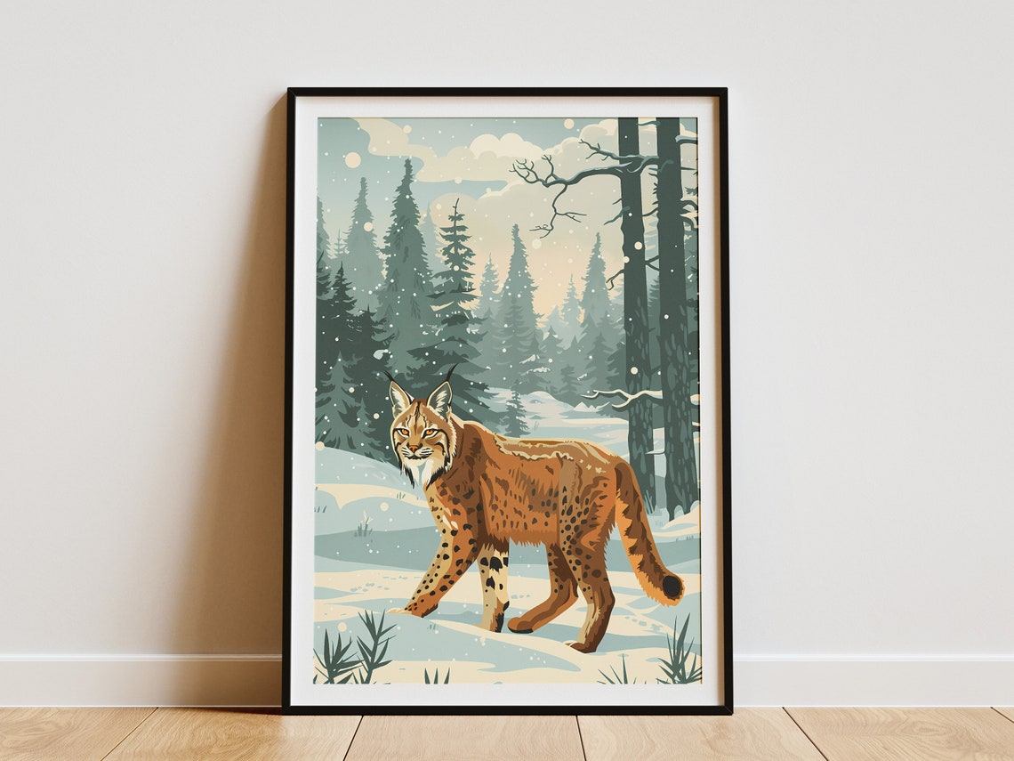 Lynx In Winter Forest Poster Nature Animal Art Print Boho Wall Decor Modern Minimalist Forest Wildlife Poster