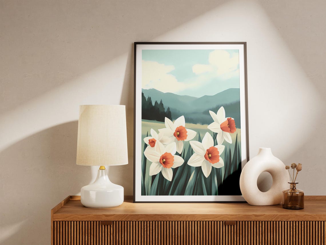 White Daffodils With Orange Cups In Green Valley Landscape Poster - Image 5