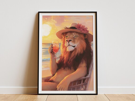 Lion In Flower Straw Hat Sipping Cocktail At Sunset Beach Poster