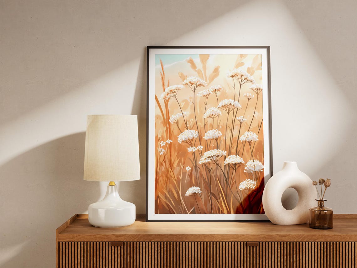 Sunlit Meadow Yarrow White Wildflower Golden Field Art Poster - Image 5