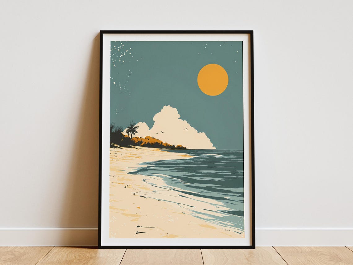 Tropical Beach Dusk Golden Sun Palm Cove Minimalist Art Poster