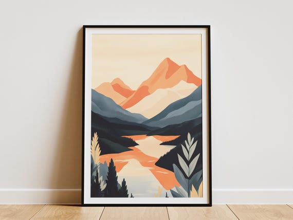 Orange And Blue Mountain Lake Poster Abstract Landscape Art Print Modern Nature Wall Decor Minimalist Home Decor Nature Illustration