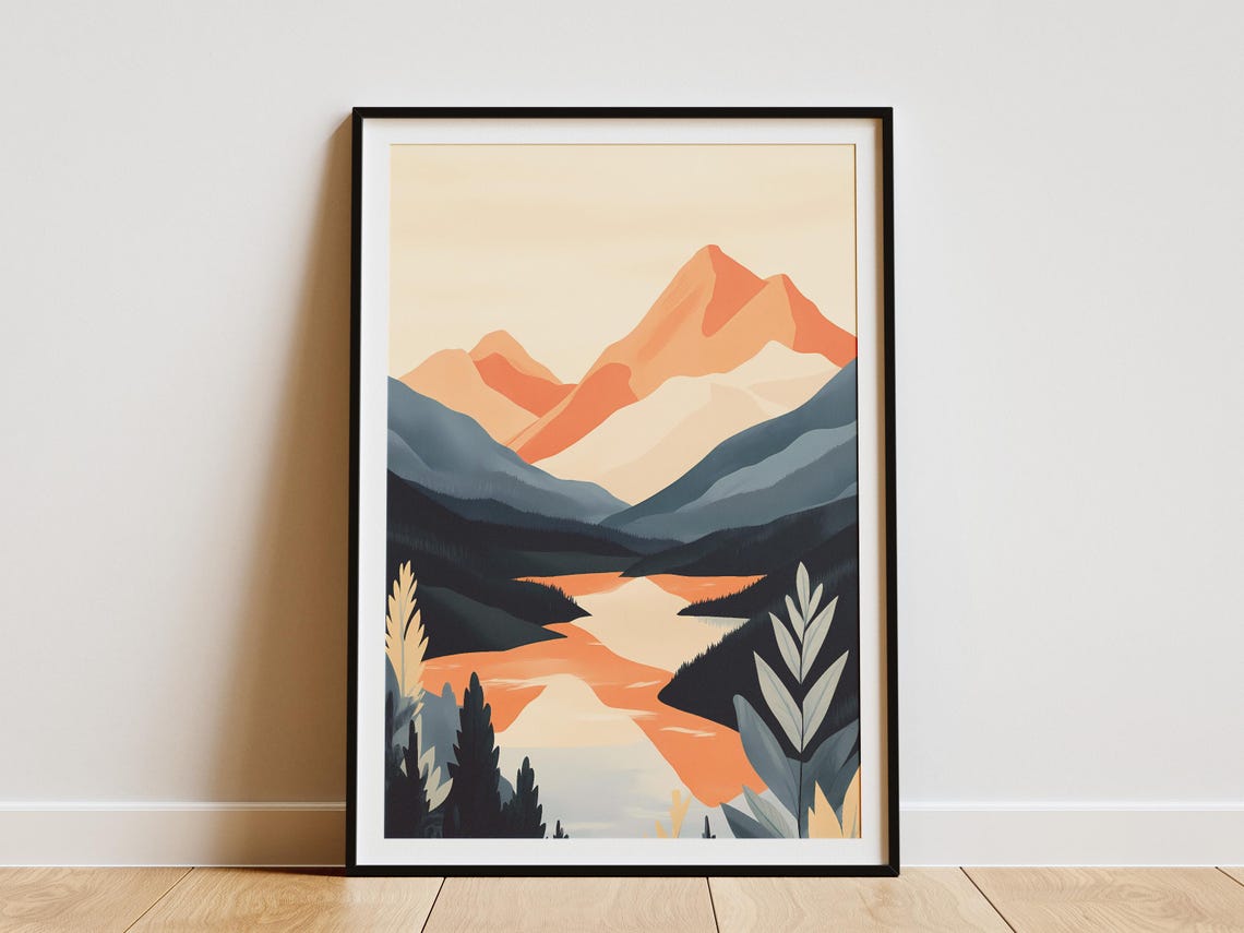 Coral Mountain Peaks Over Winding River Dusk Landscape Poster