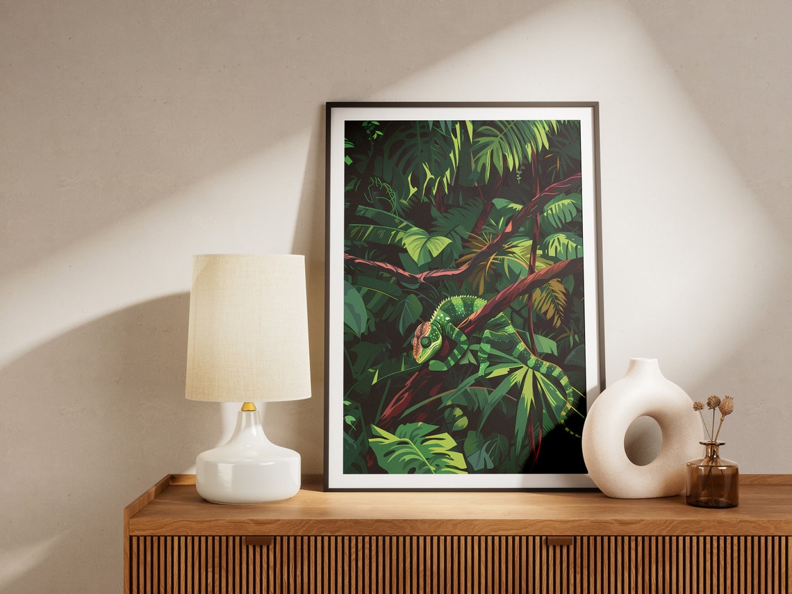 Green Chameleon Rainforest Branch Dense Jungle Leaves Poster - Image 2