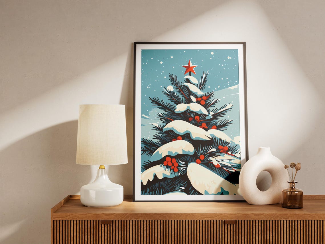 Snow-Covered Christmas Tree With Red Star Berries Holiday Poster - Image 5