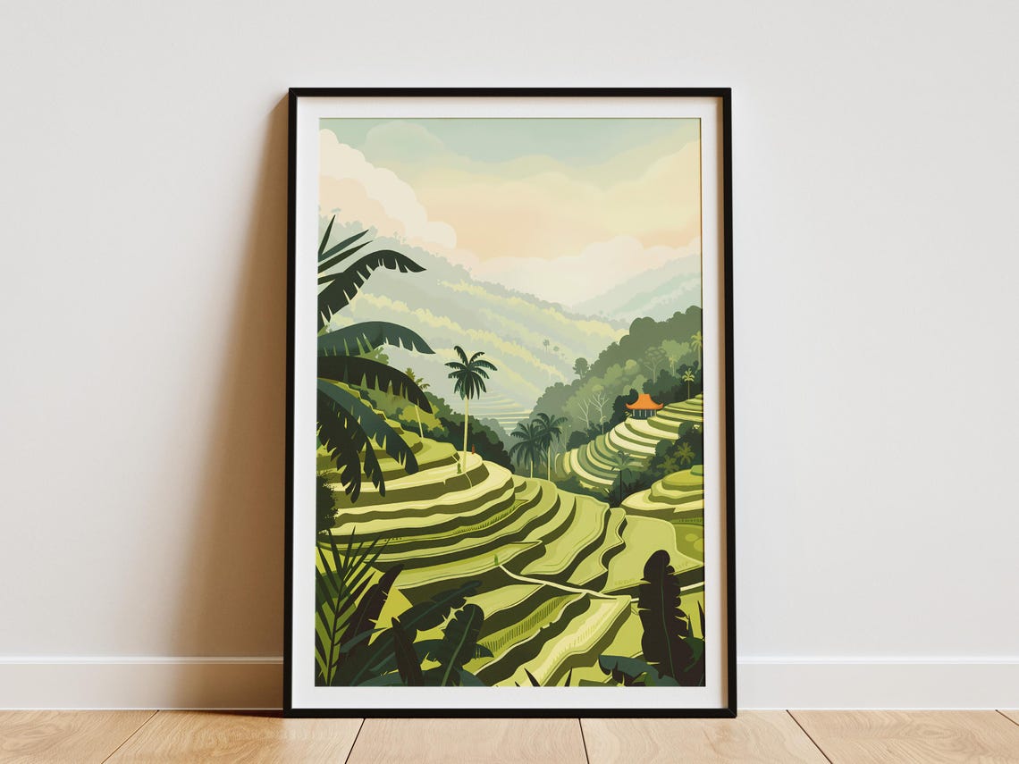 Bali Indonesia Rice Terraces Lush Green Jungle Travel Poster