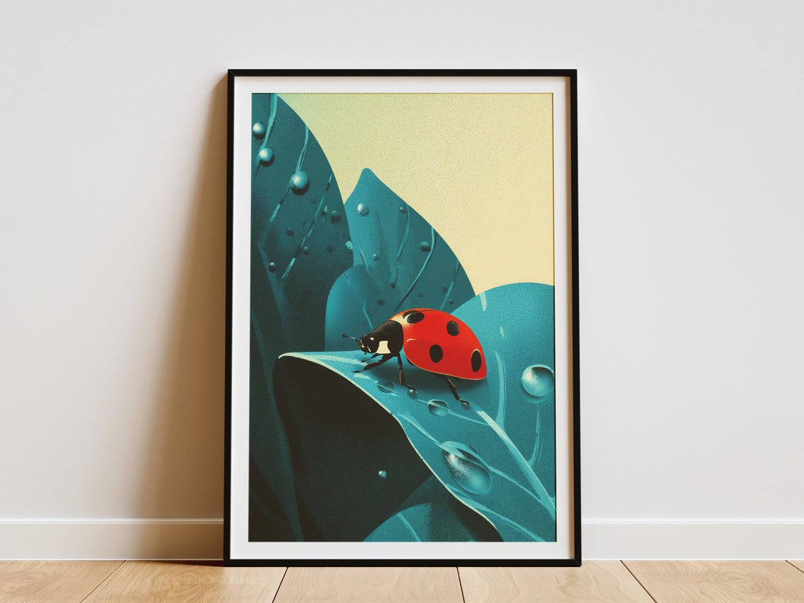 Vibrant Ladybug Dewdrop Leaf Print Modern Nature Wall Art Poster Charming Insect Illustration Botanical Garden Theme