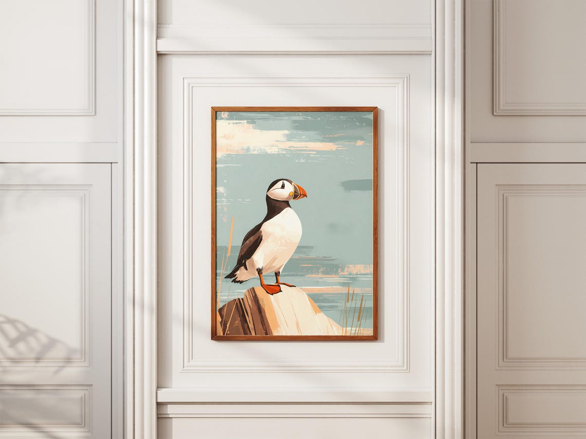 Puffin Perched on a Pale Rock by the Sea Ocean Bird Art Poster - Image 2