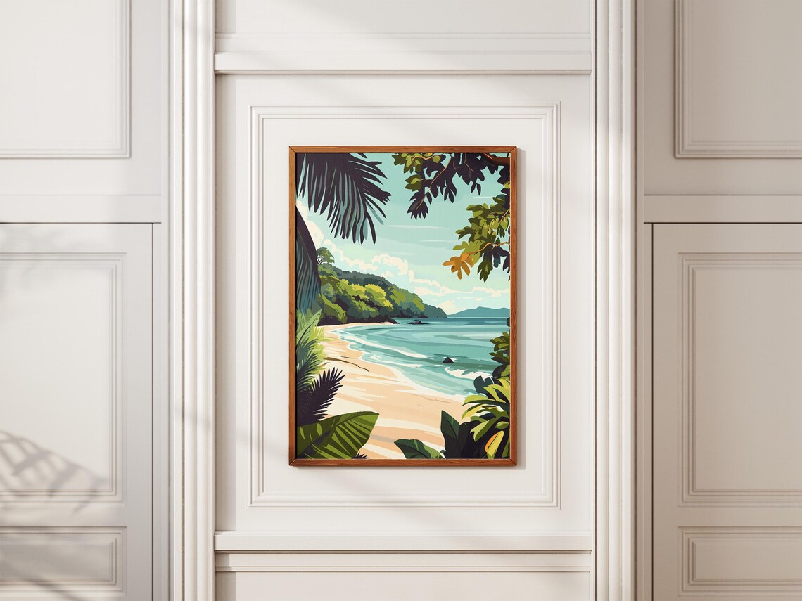 Tropical Island Cove Framed by Palm Leaves Art Poster Tropical - Image 2