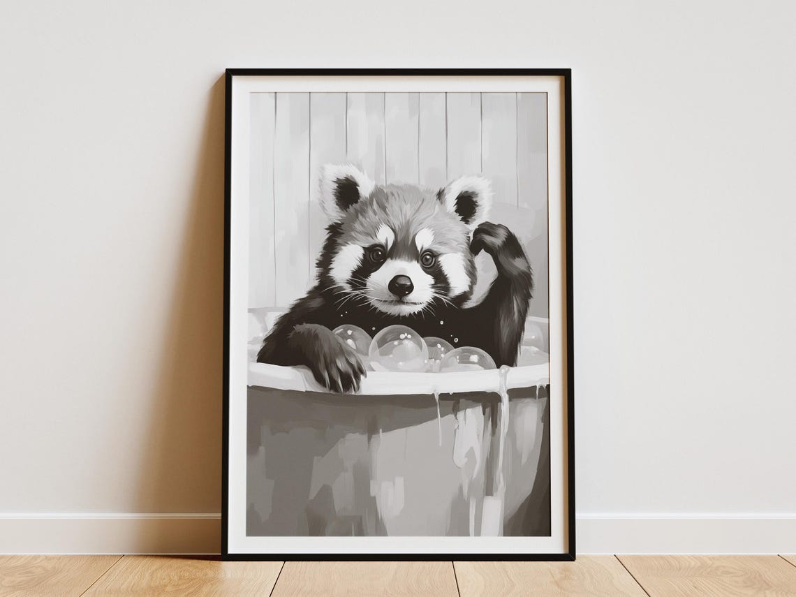Red Panda Bathtub Bubble Bath Poster Print Animal Wall Art Cute Bathroom Decor Playful Whimsical Unique Gift