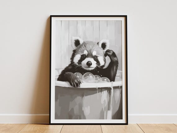 Red Panda Bathtub Bubble Bath Poster Print Animal Wall Art Cute Bathroom Decor Playful Whimsical Unique Gift