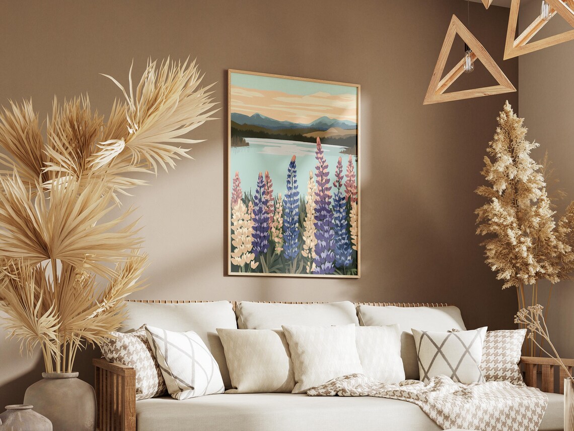 Blue Purple Lupine Flowers by a Calm Mountain Lake Art Poster - Image 3