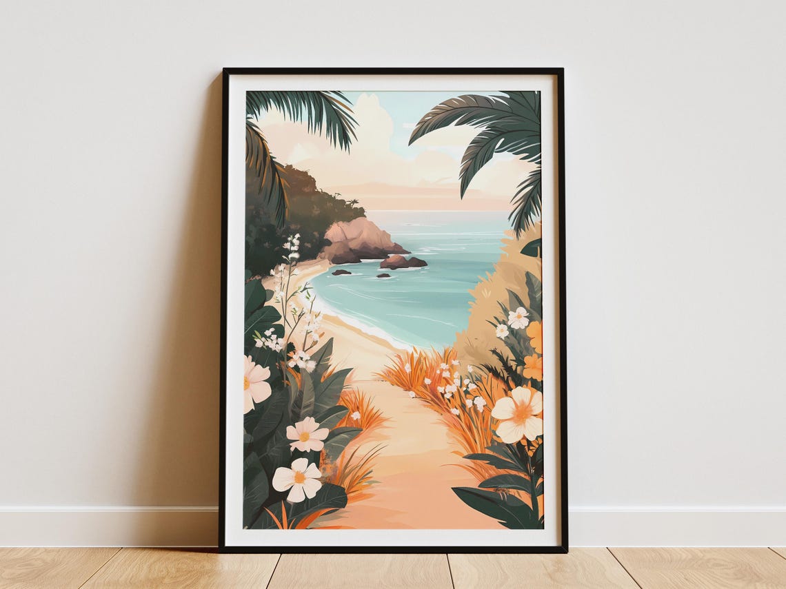 Tropical Beach Path White Flowers Palm Trees Illustration Poster