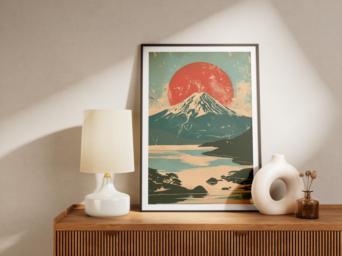 Mount Fuji Red Sun Lake Vintage Japanese Woodblock Style Poster - Image 2