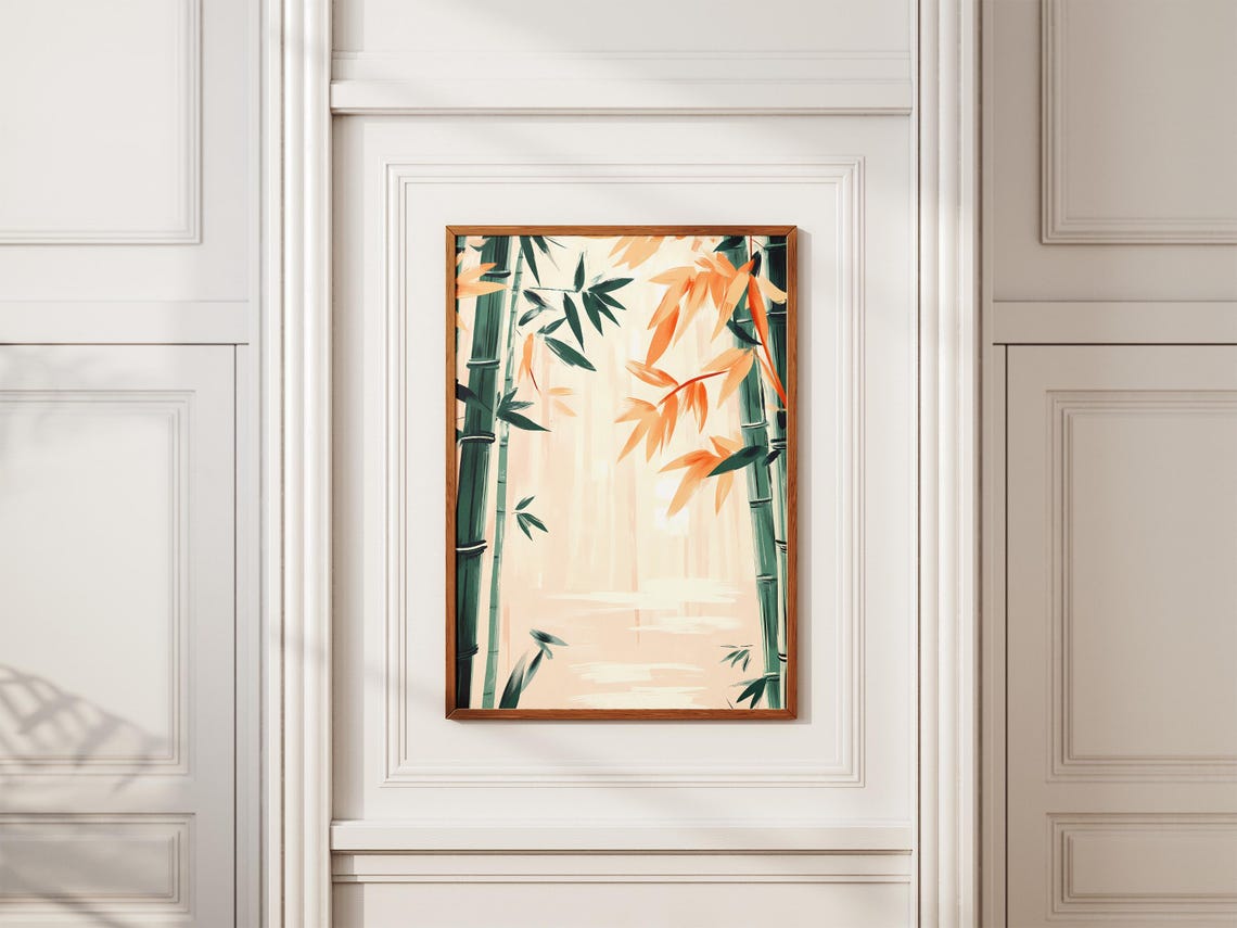 Misty Bamboo Grove With Peach Autumn Leaves Zen Garden Poster - Image 2