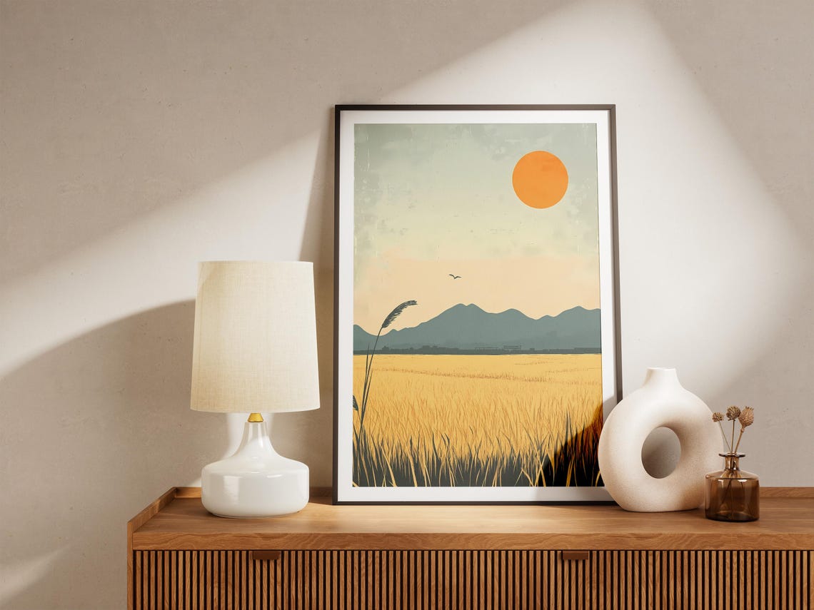 Golden Rice Field Under Orange Sun Minimalist Farm Scene Poster - Image 5