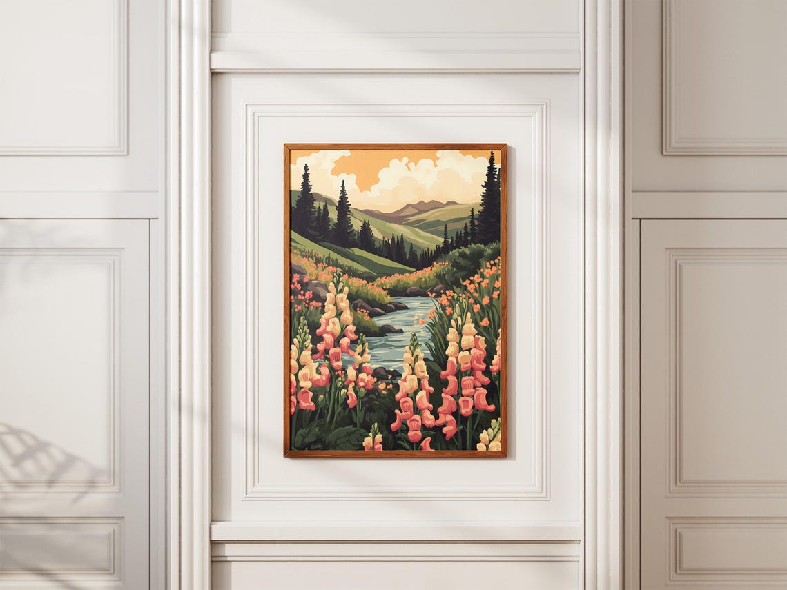 Pink Wildflower Meadow Mountain Stream Pines Landscape Poster - Image 2