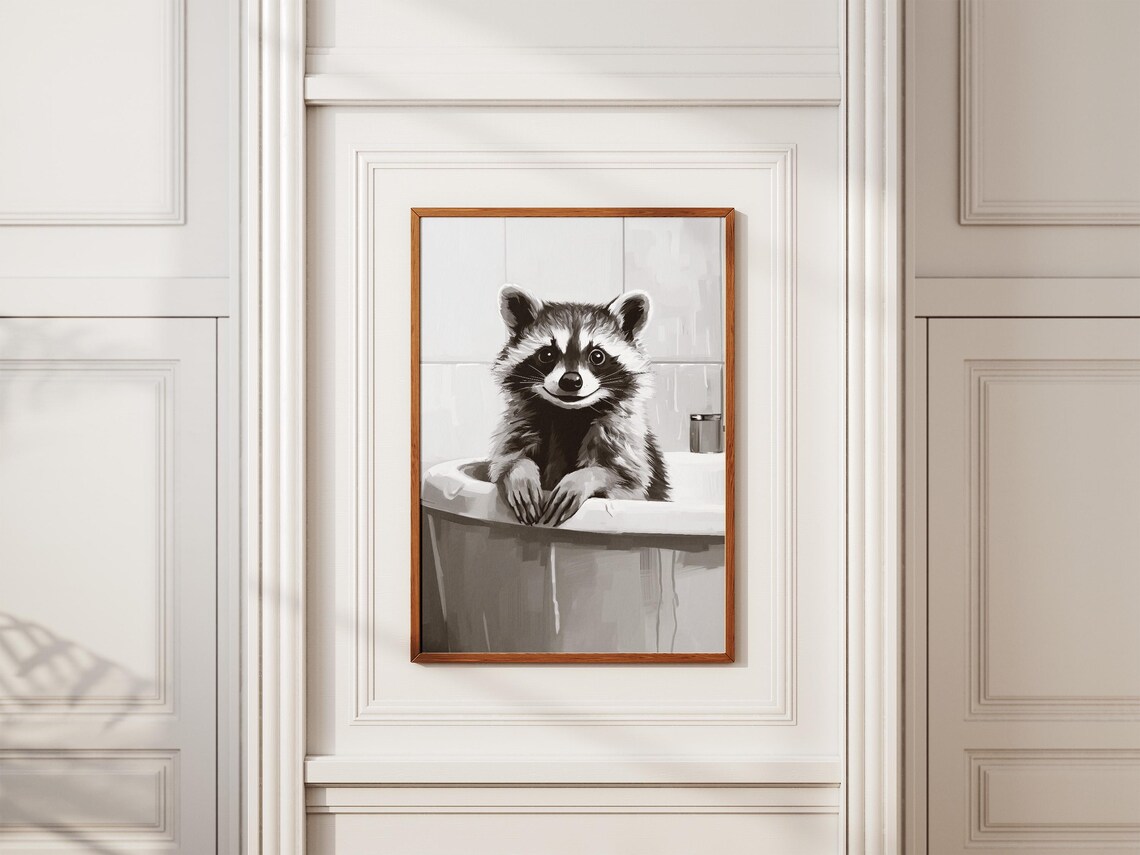 Baby Raccoon in Bathtub Minimalist Black and White Animal Poster - Image 2