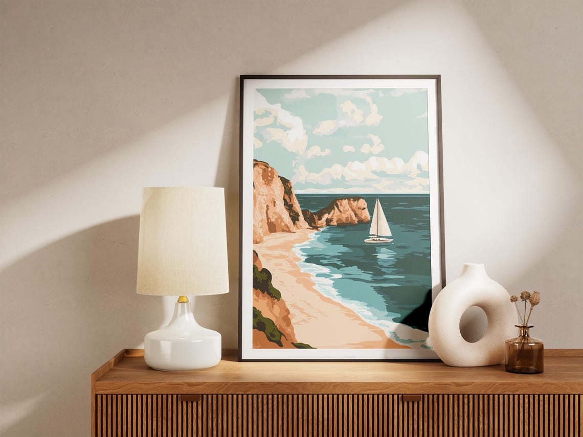 Sailboat Passing Sandy Beach Coastal Cliffs Landscape Poster - Image 5