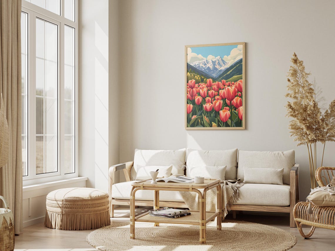 Red Tulip Field Snow Capped Mountain Peak Spring Landscape Poster - Image 3