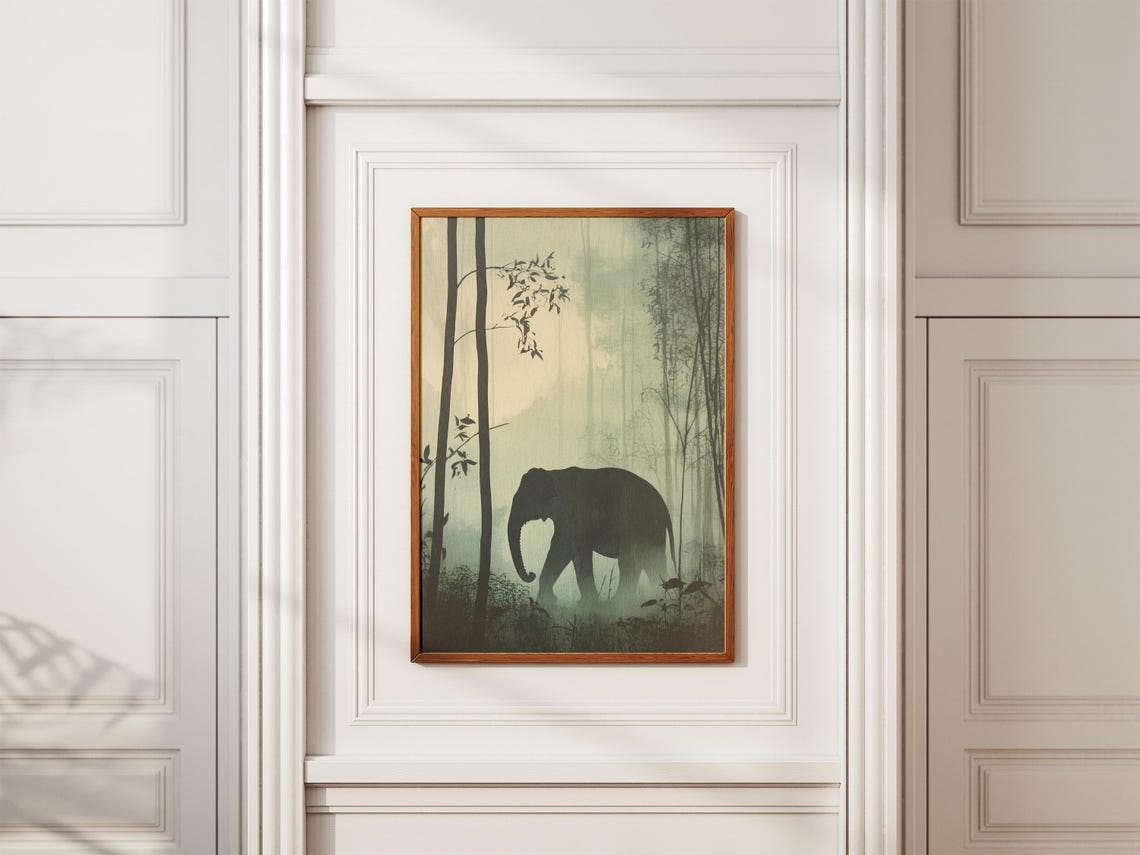 Elephant In Foggy Forest Art Print Moody Nature Poster Silhouette Elephant Artwork Atmospheric Animal Print Forest Decor Wall Art - Image 2
