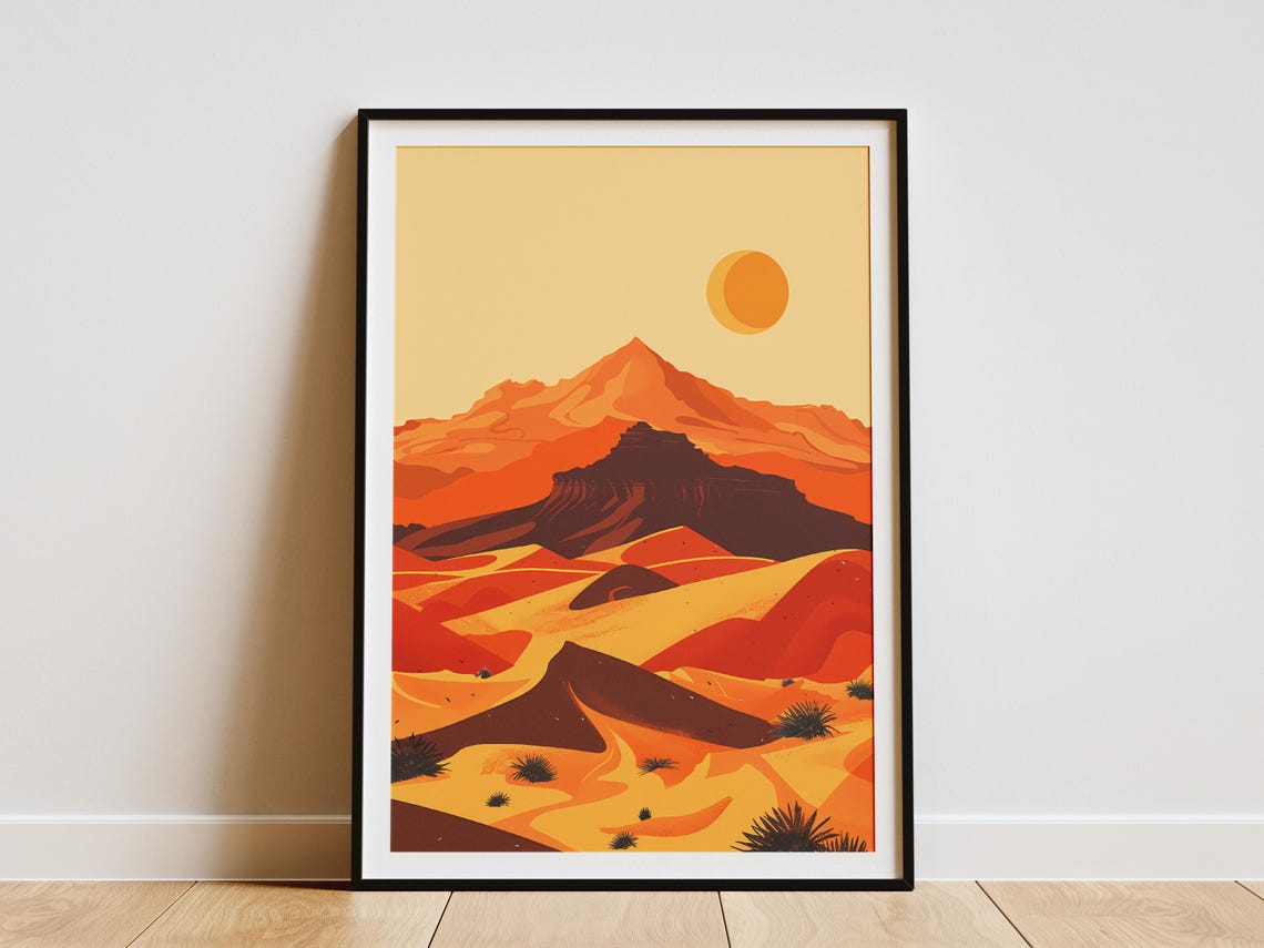 Desert Dunes Mountain Orange Sunset Warm Minimalist Art Poster