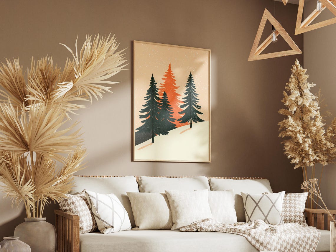 Minimalist Green and Orange Pine Trees on Snow Holiday Poster - Image 3