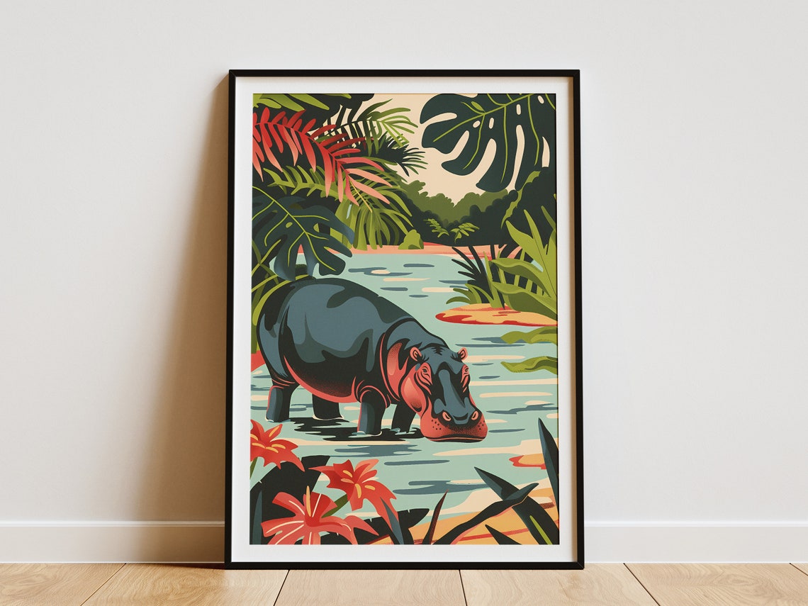 Hippopotamus River Tropical Jungle Wildlife Colorful Nature Poster