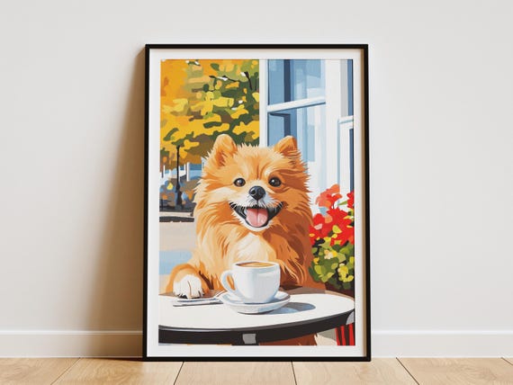 Pomeranian Dog Art Print Coffee Lover Gift Cafe Wall Cute Poster Matisse Style Puppy Decor Mom Home
