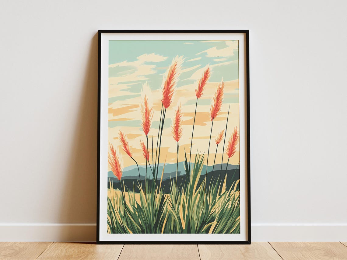 Pampas Grass Silhouettes Against Sunset Sky Botanical Poster