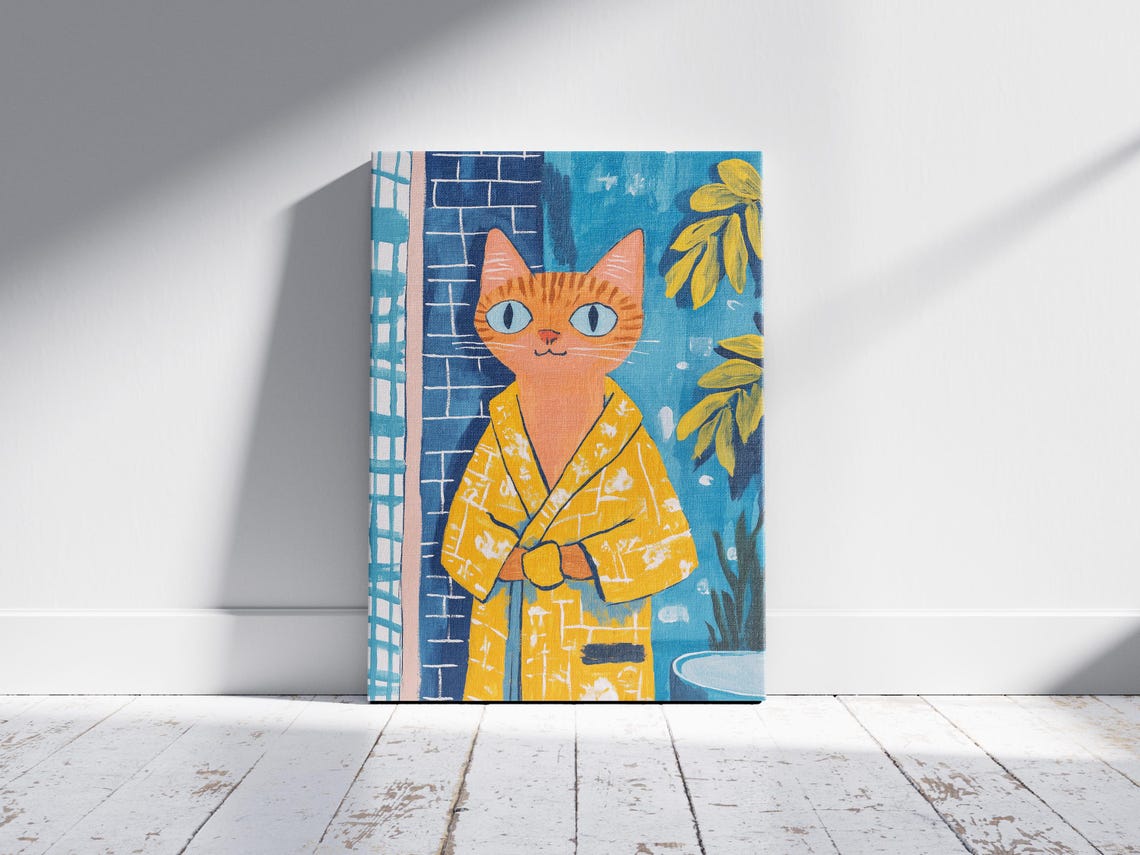 Ginger Tabby Cat in Sunny Yellow Robe Playful Cat Art Poster - Image 2