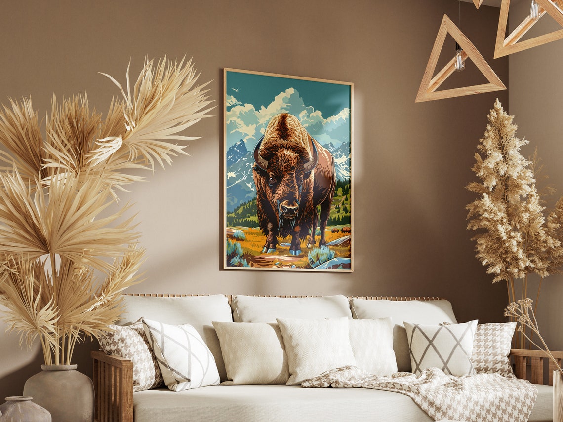 Bison Mountain Valley Wildlife Portrait Majestic Buffalo Art Poster - Image 3